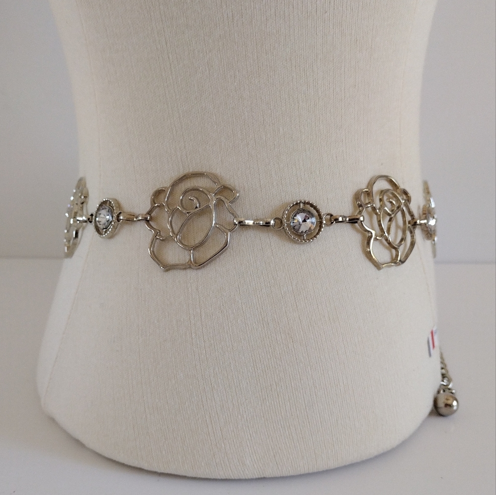 Rose Crystal Silver-Tone Chain Belt 28-42" Waist